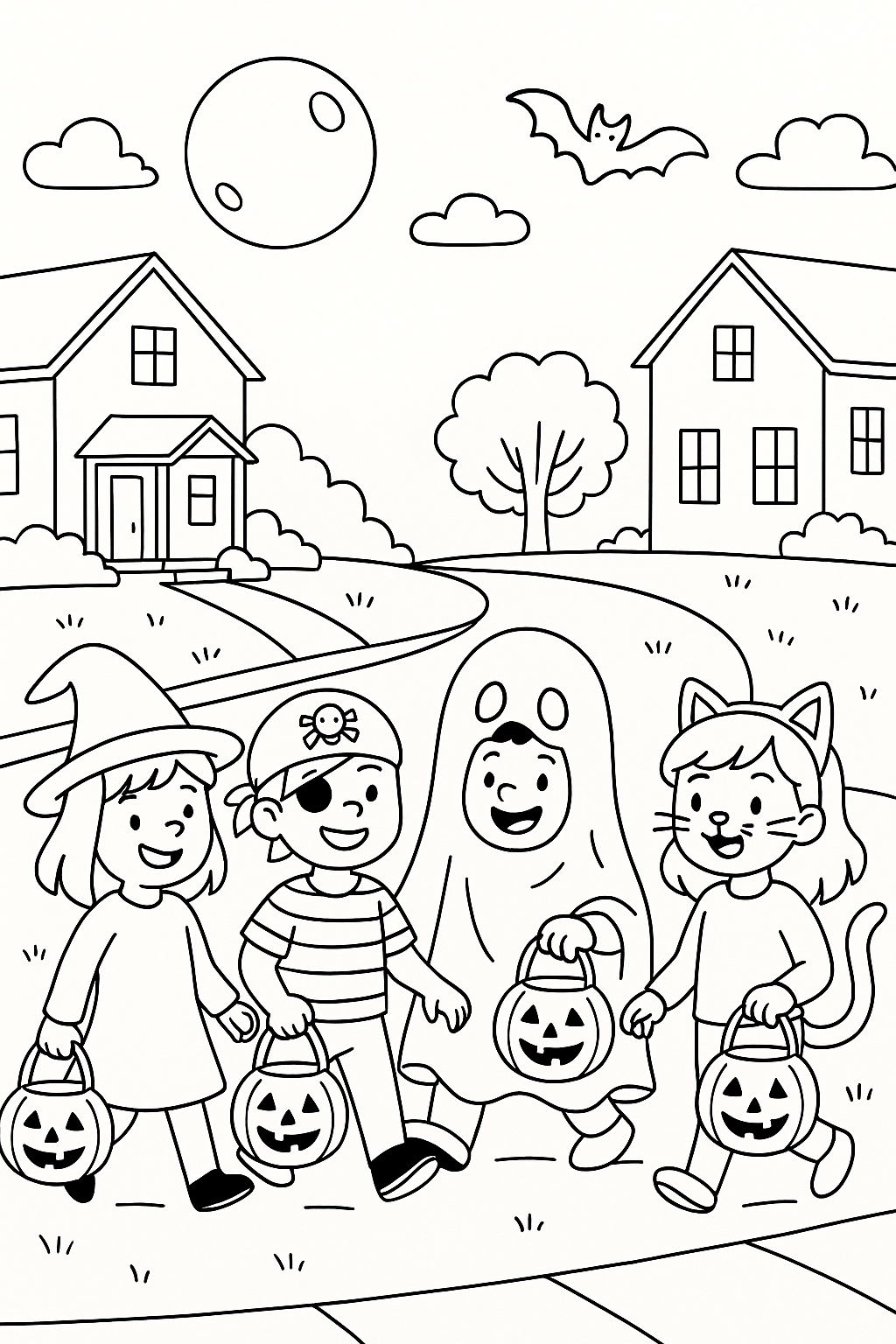 Children trick-or-treating in costumes, moonlit street scene