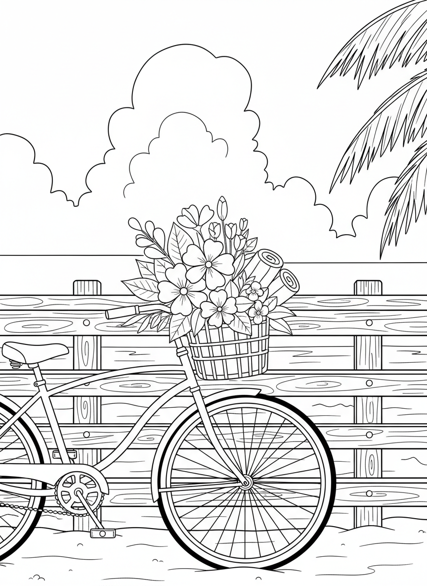 A bicycle with a basket full of flowers and beach towels, parked near a boardwalk railing