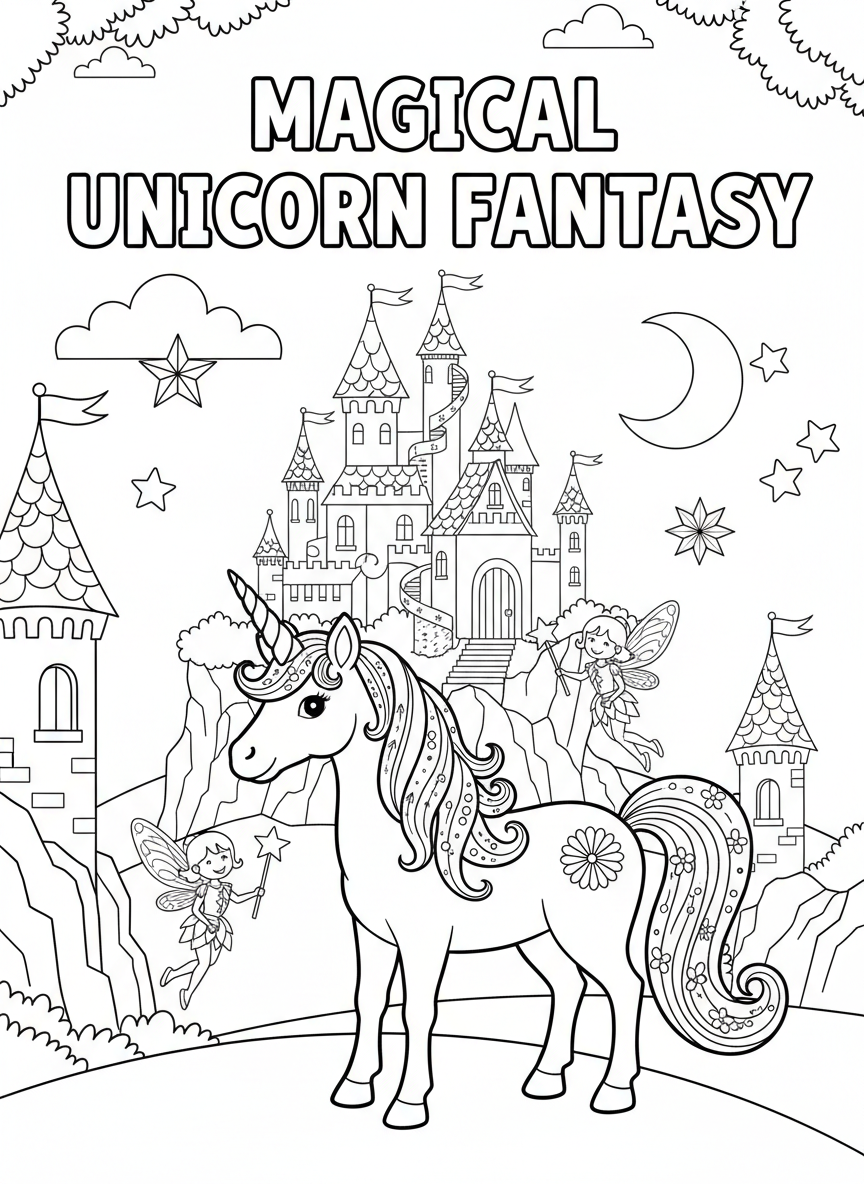 Magical fantasy coloring book cover, full-color illustration with friendly unicorns, fairies, and a sparkly castle on a hill. Pastel palette, title-safe area at top.