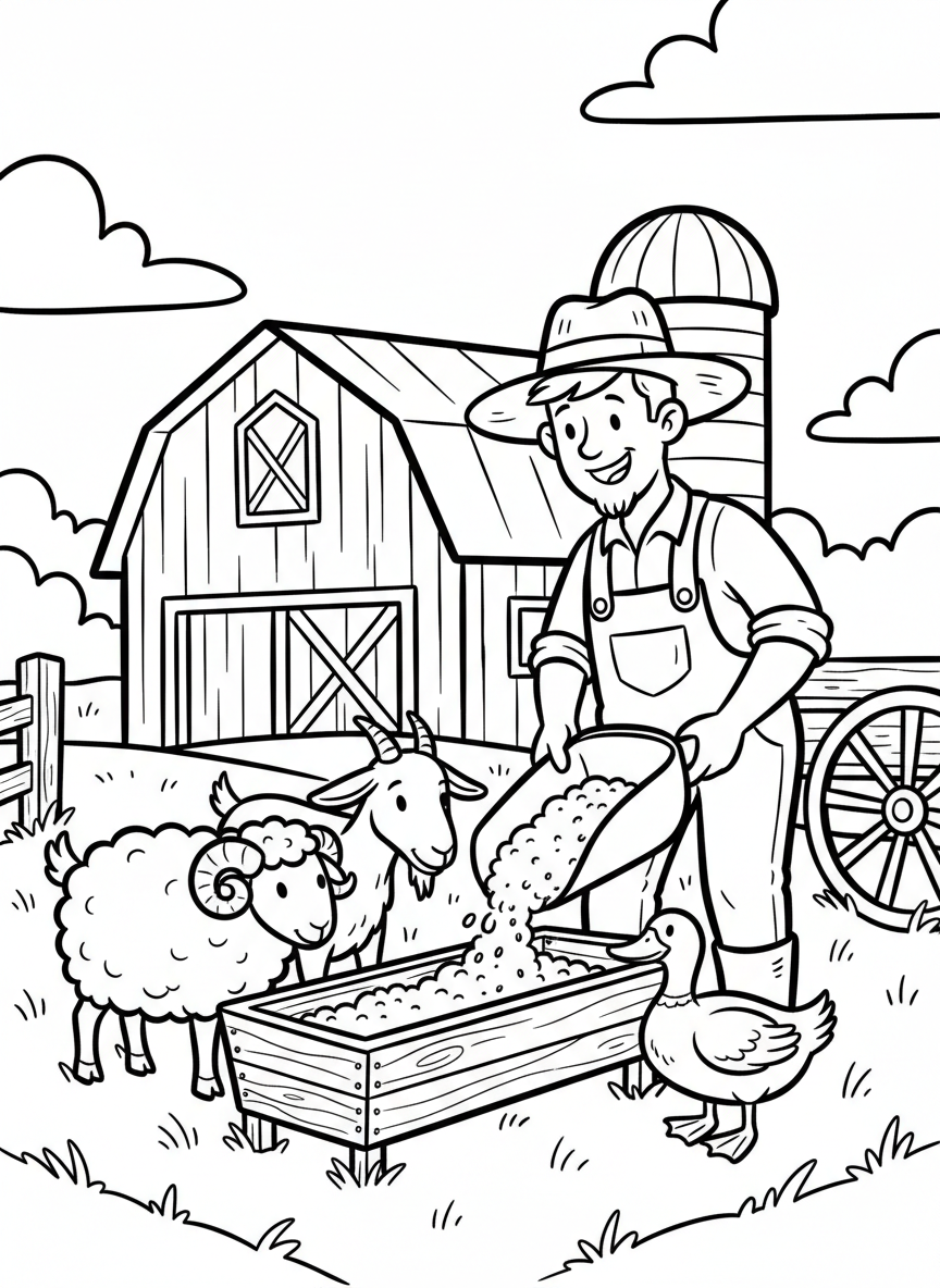 A smiling farmer feeding a group of farm animals including a goat, sheep, and duck gathered around a feeding trough.
