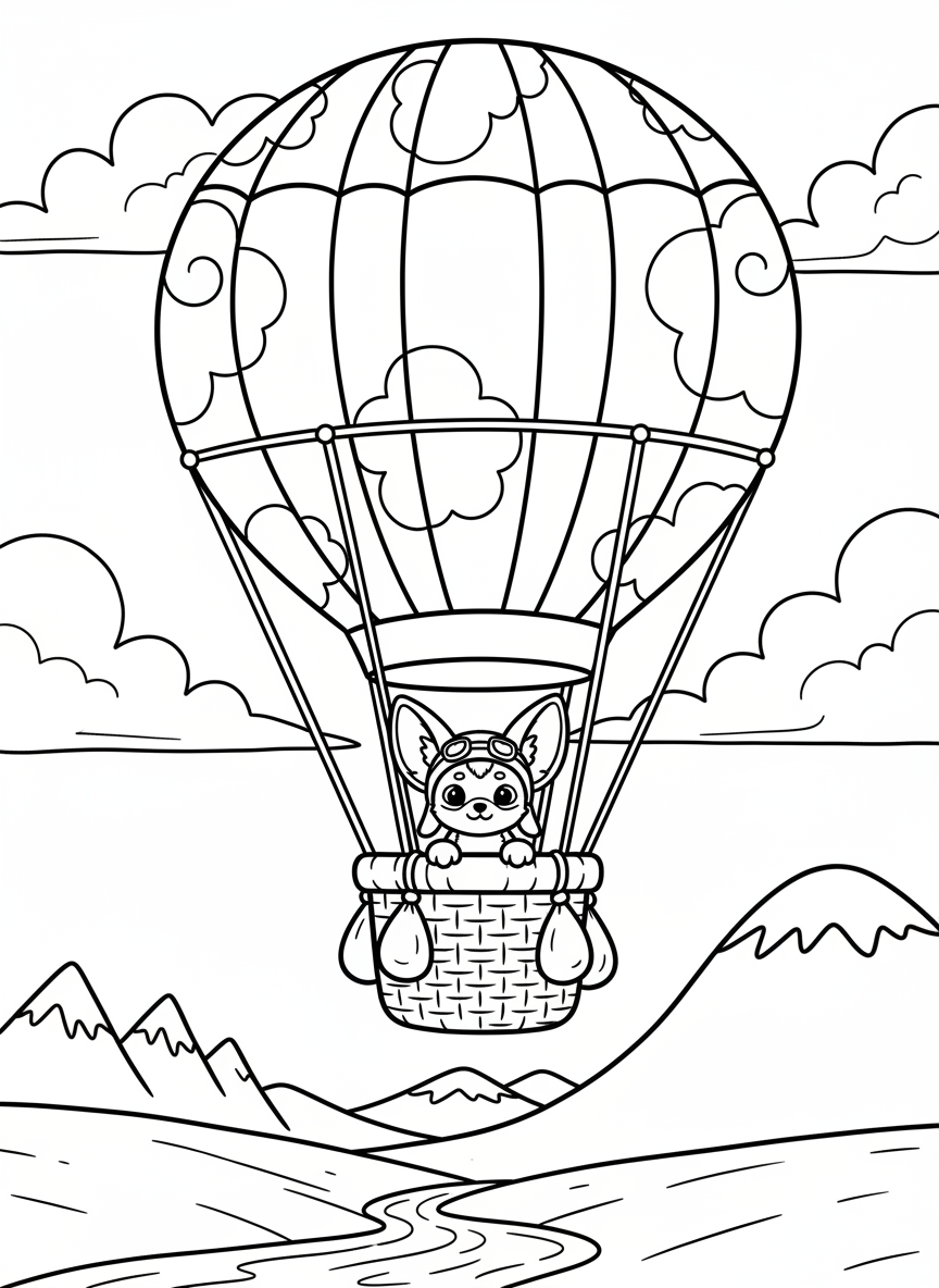 An adorable small creature with big ears riding in a hot air balloon basket, sky adventure scene line art