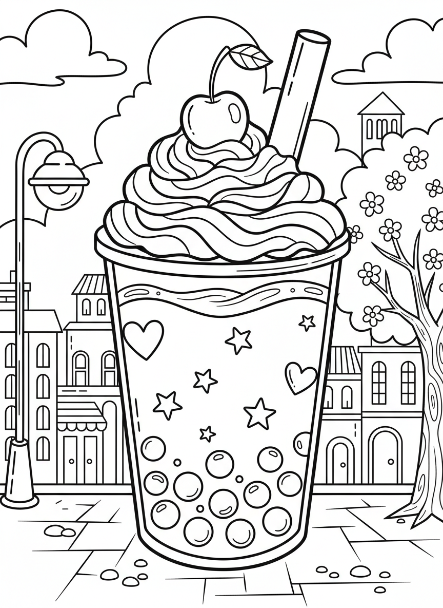 A large bubble tea cup decorated with hearts and stars, topped with whipped cream swirls and a cherry, detailed design