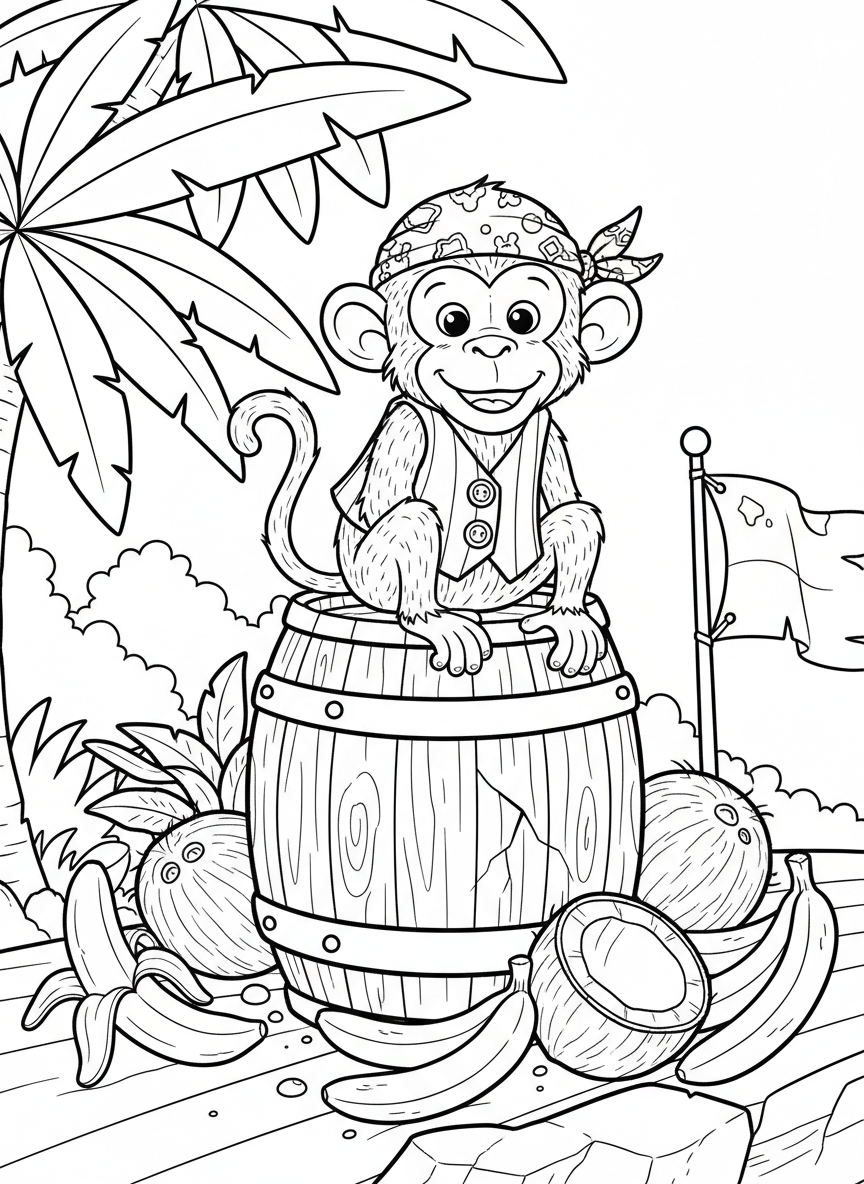 A playful pirate monkey wearing a tiny vest and bandana, sitting on a barrel surrounded by bananas and coconuts