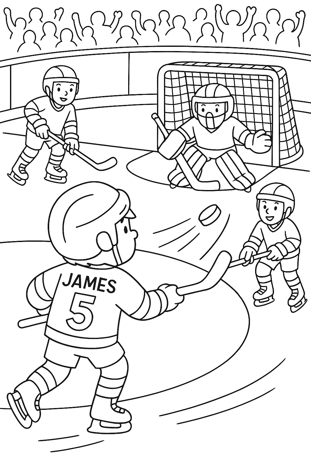 A young boy wearing a hockey jersey with the name “JAMES” on the back takes a powerful shot toward the goal. The puck flies off his stick as the goalie crouches low with arms wide. Add teammates skating nearby, rink boards, goal net, and a faint cheering crowd to capture the excitement of the game.