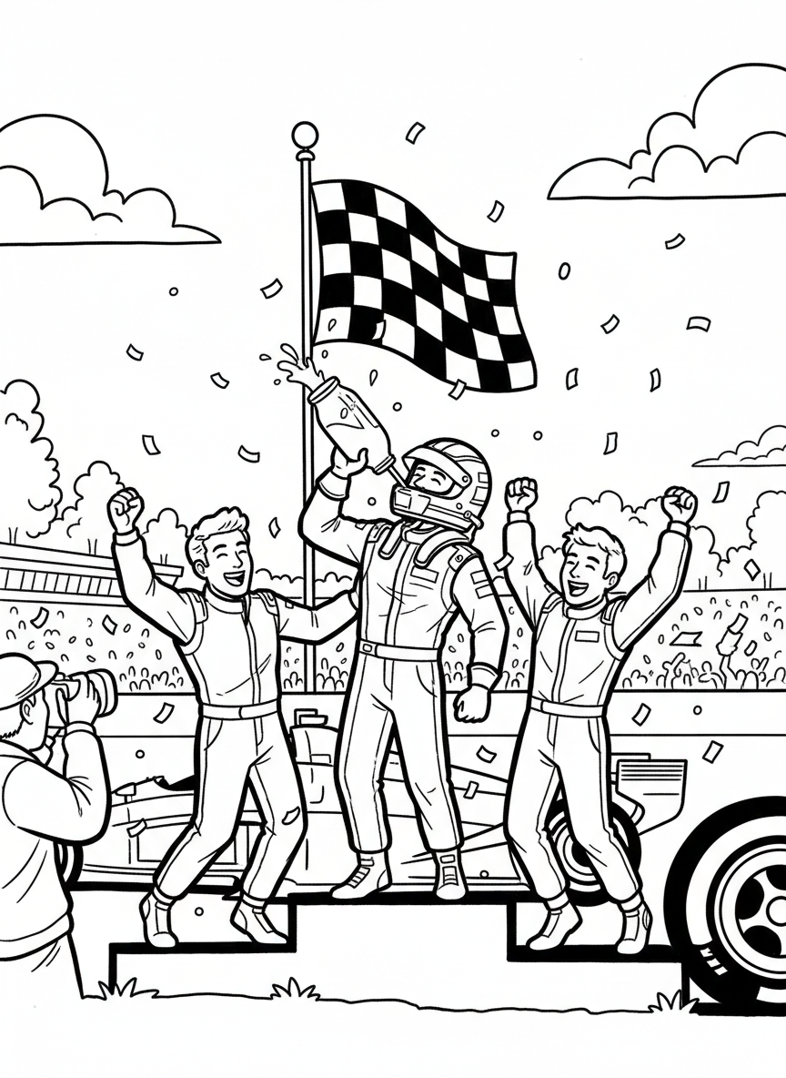 A winner drinking milk from a glass bottle in victory lane, a famous Indy 500 tradition, with crew celebrating around them.
