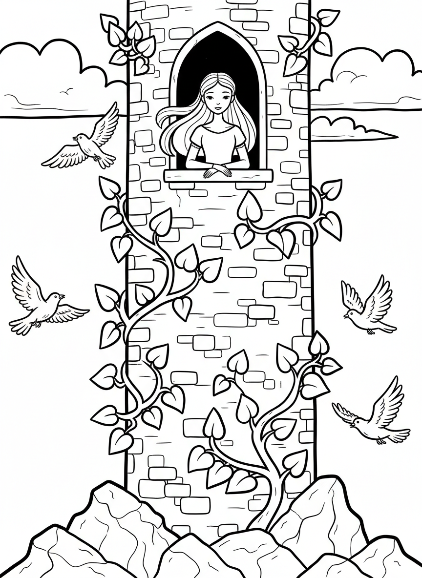 A tall castle tower with a princess looking out the window, birds flying nearby, and ivy growing up the stone walls.
