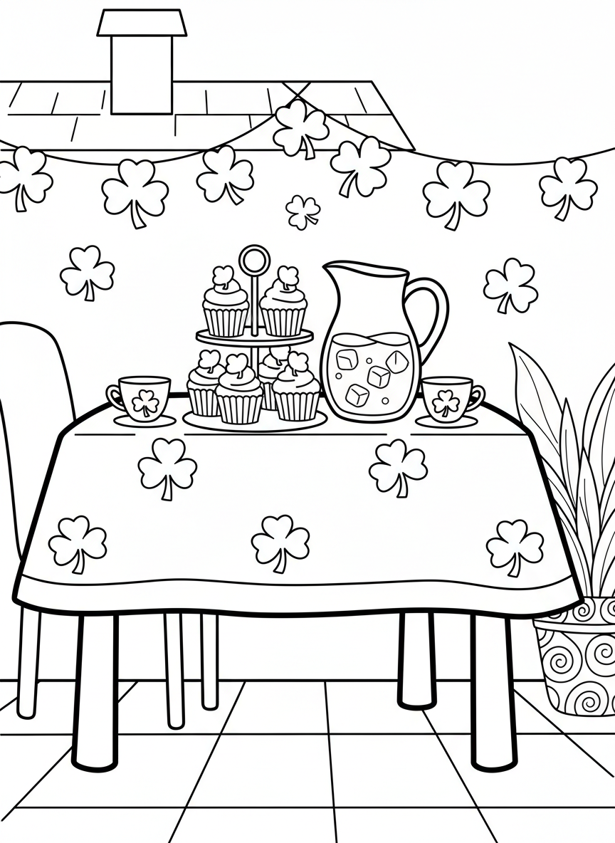 A festive table set for a Saint Patrick's Day celebration with cupcakes, a pitcher, cups, and shamrock decorations on the tablecloth.