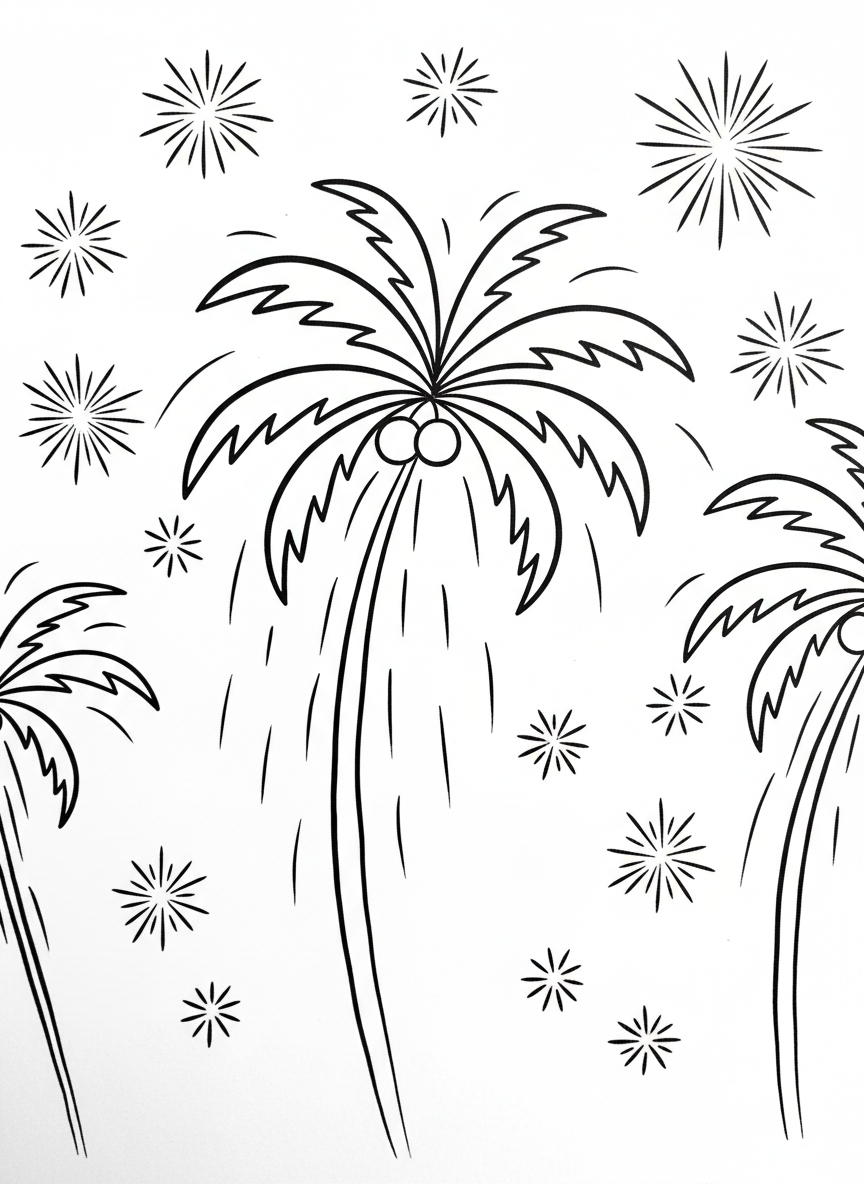 A detailed firework burst shaped like a palm tree with cascading sparks, surrounded by smaller star-shaped explosions.