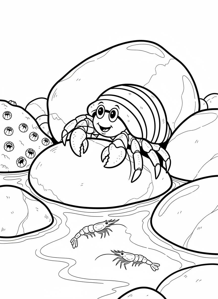A happy hermit crab with a striped shell climbing over smooth tide pool stones, with tiny shrimp swimming in the water.