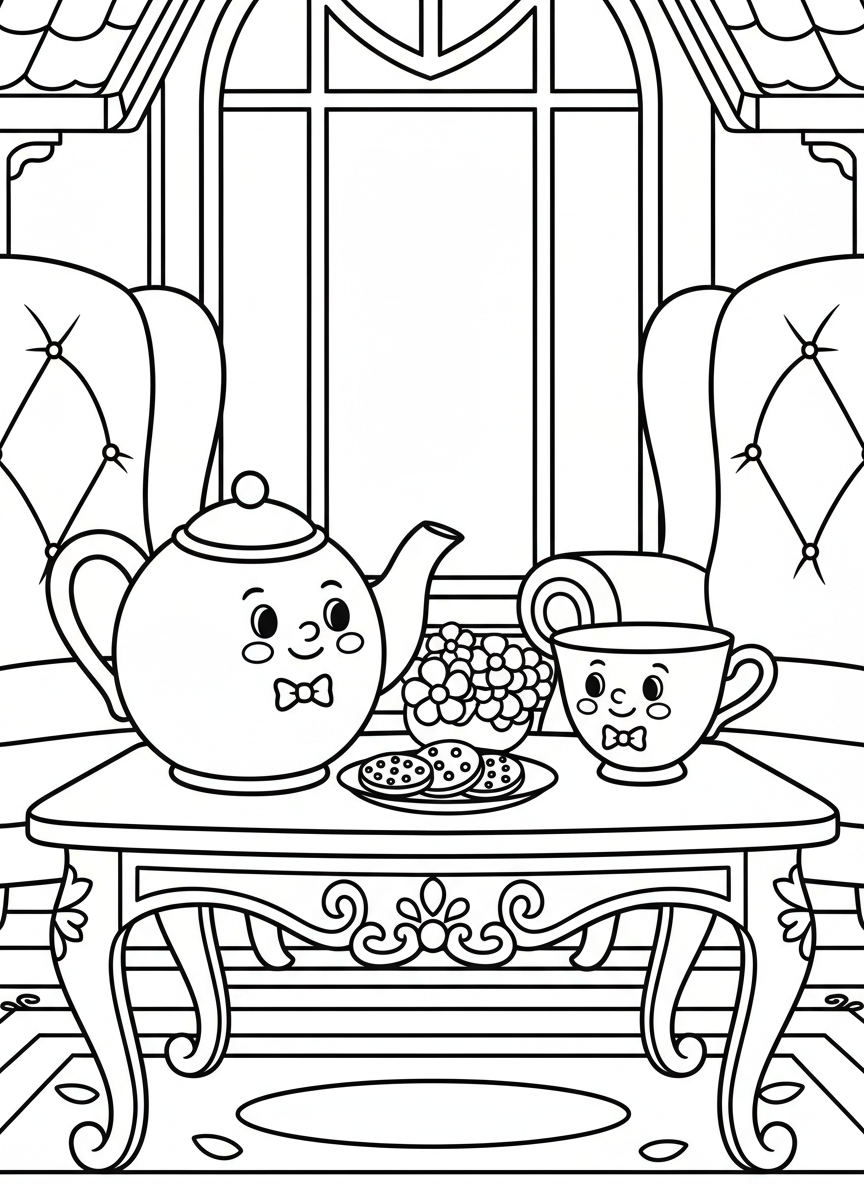 A teacup and teapot with friendly faces having a tea party on a fancy table with cookies and flowers