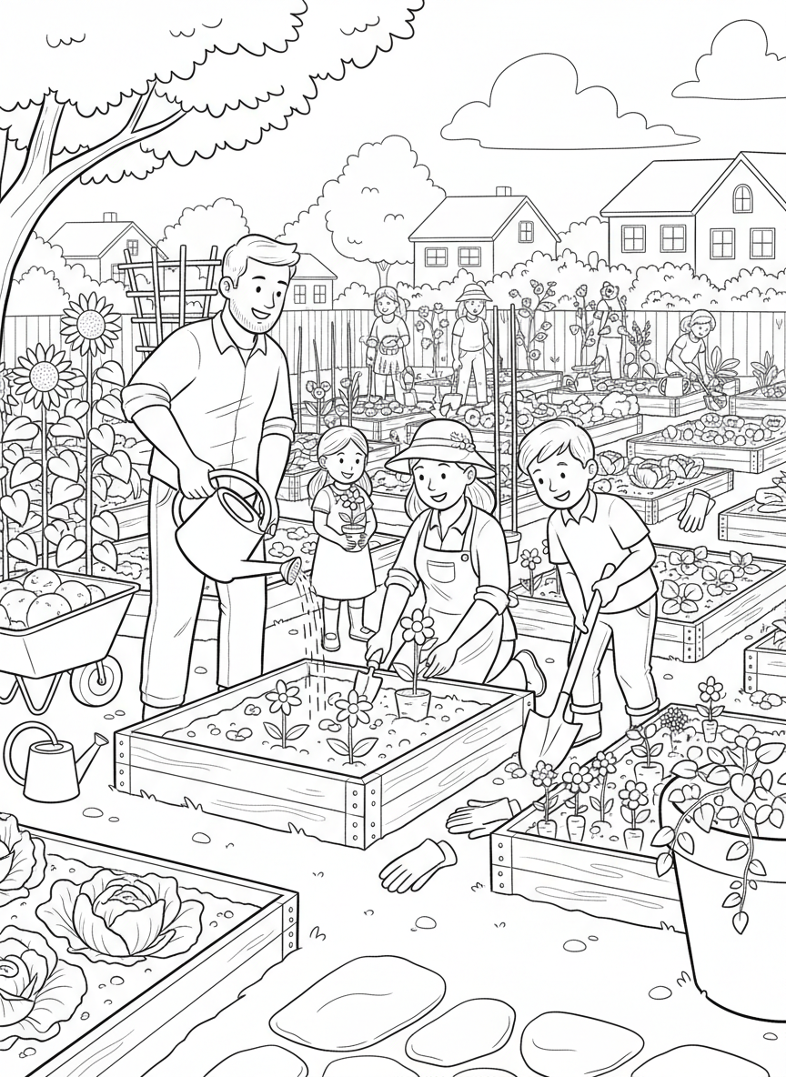A family planting flowers and vegetables together in a community garden, with watering cans, shovels, and garden beds.