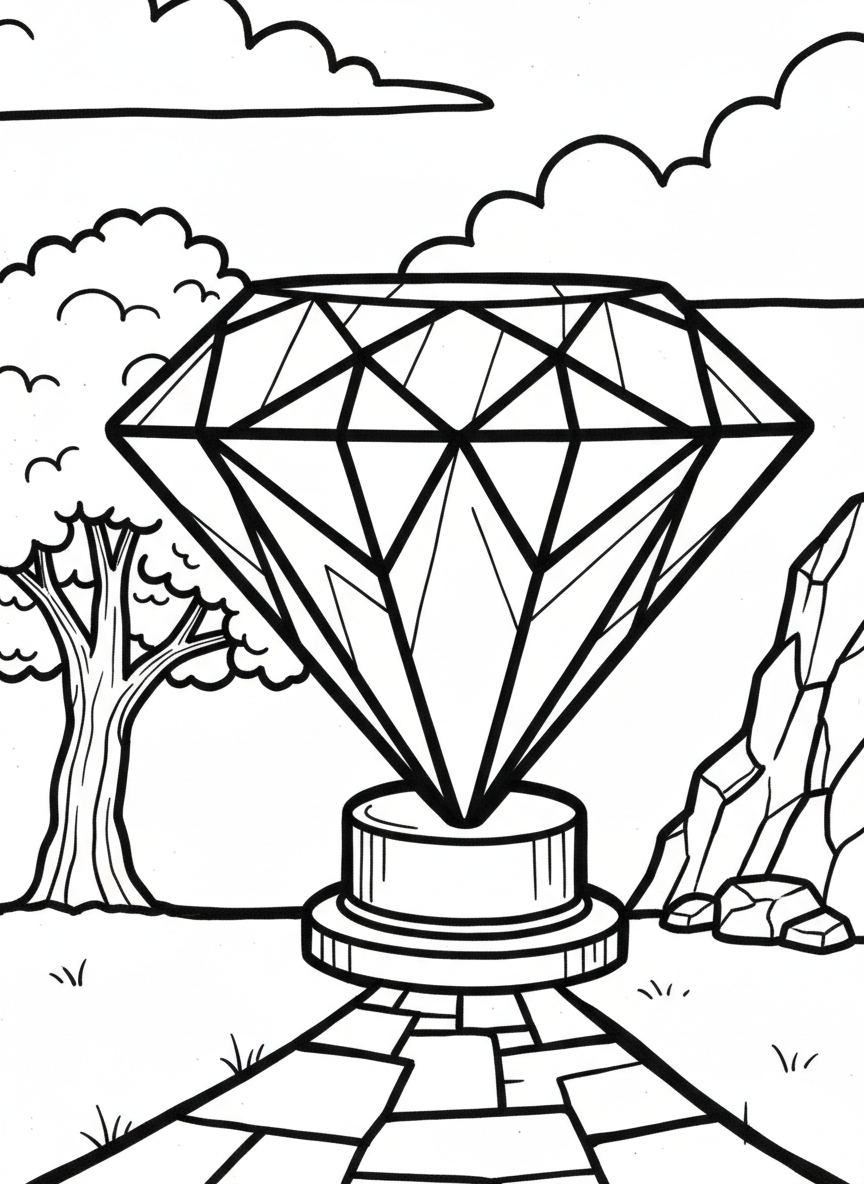 A large sparkling diamond with geometric facets sitting on a simple pedestal, clean line art with bold outlines perfect for coloring.