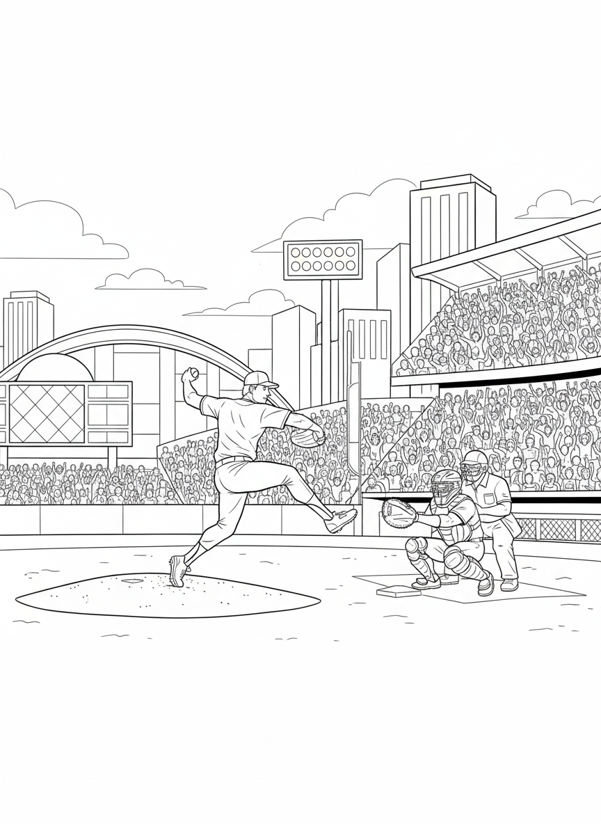 MLB All Star Game coloring page prompts highlighting summer baseball, star players, iconic ballparks, and celebratory league traditions.	A pitcher delivering a fastball from the mound, body coiled with precision as the catcher sets up and the crowd quiets for the marquee matchup.