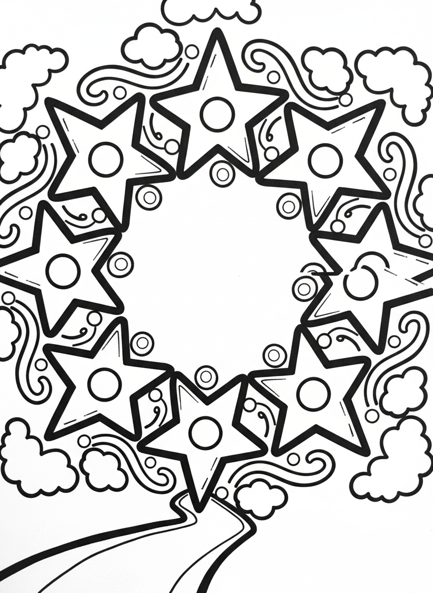 An easy mandala featuring big five-pointed stars arranged in a circular pattern with wavy lines connecting them, kid-friendly design