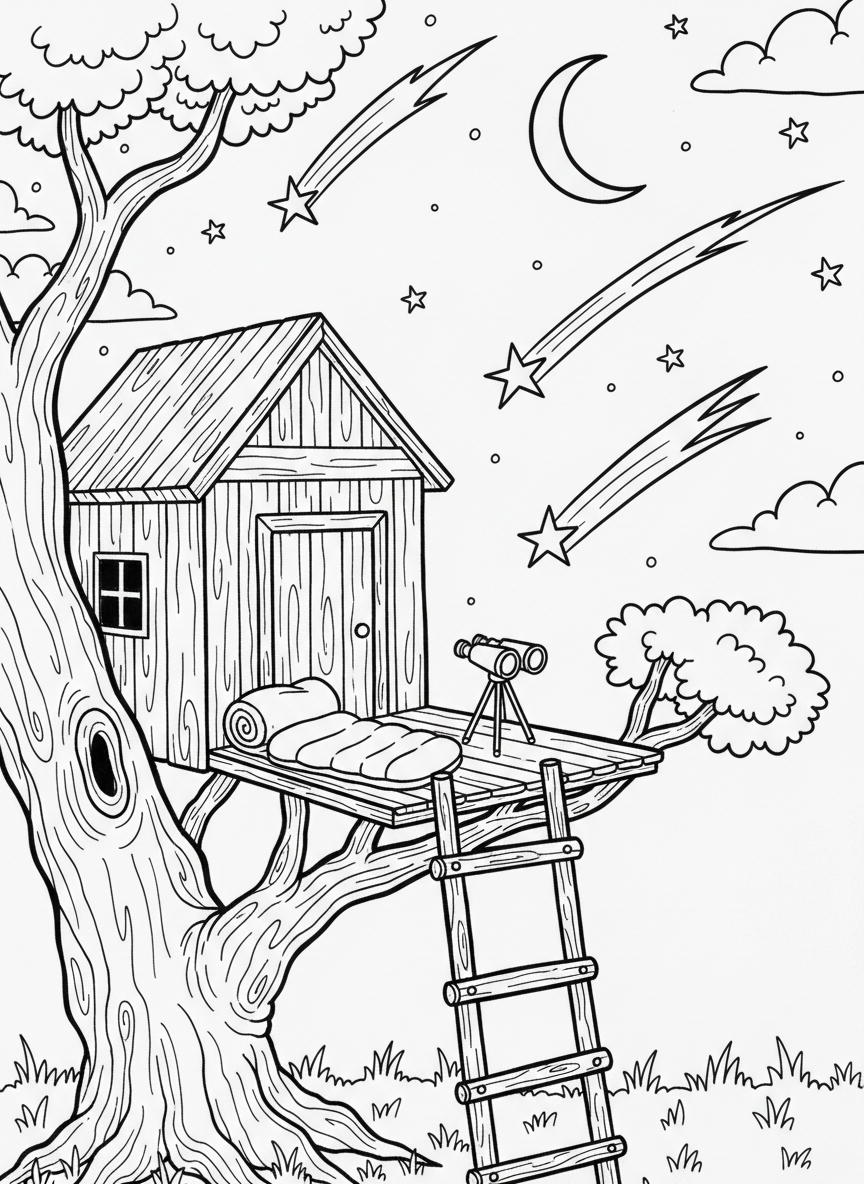 A simple treehouse with a sleeping bag, pillow, and binoculars for stargazing, with shooting stars streaking across the night sky.