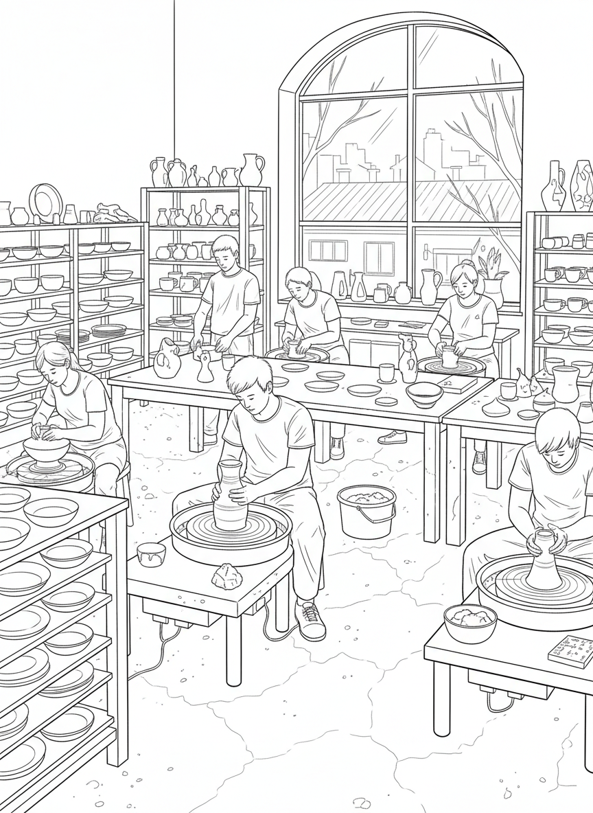 Wide scene of a pottery classroom with multiple wheels, drying racks, and students creating different ceramic projects.
