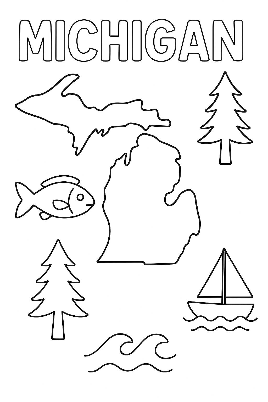 Write “Michigan” once at the top in outlined letters. Create large, centered outlines of both peninsulas. Add one fish, one pine tree, one wave, and one boat icon in corners.