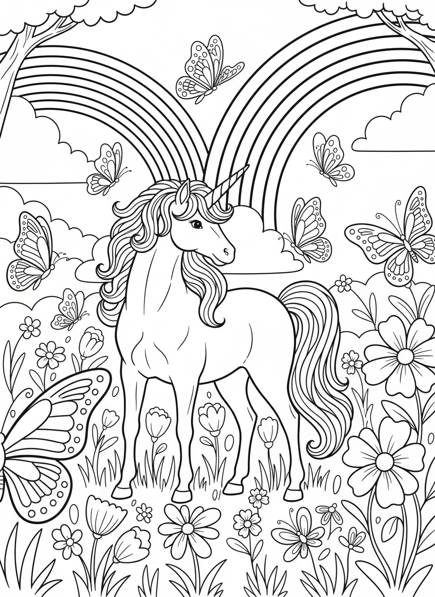 A magical unicorn standing in a meadow with rainbows and butterflies, fantasy theme with flowing mane