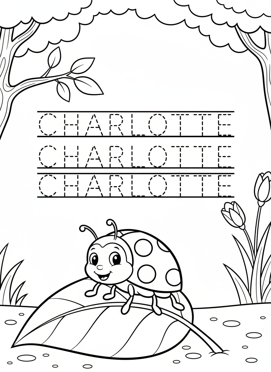 A cheerful ladybug on a leaf above three practice rows of dashed letters spelling 'CHARLOTTE', simple black and white line art