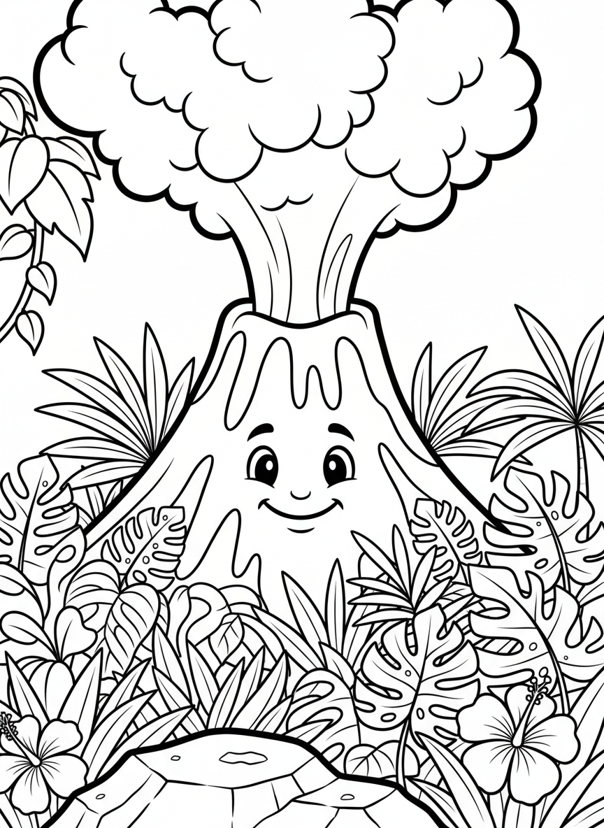 A friendly cartoon volcano with a smiling face, gently puffing smoke clouds into the sky, surrounded by tropical plants and flowers at its base.