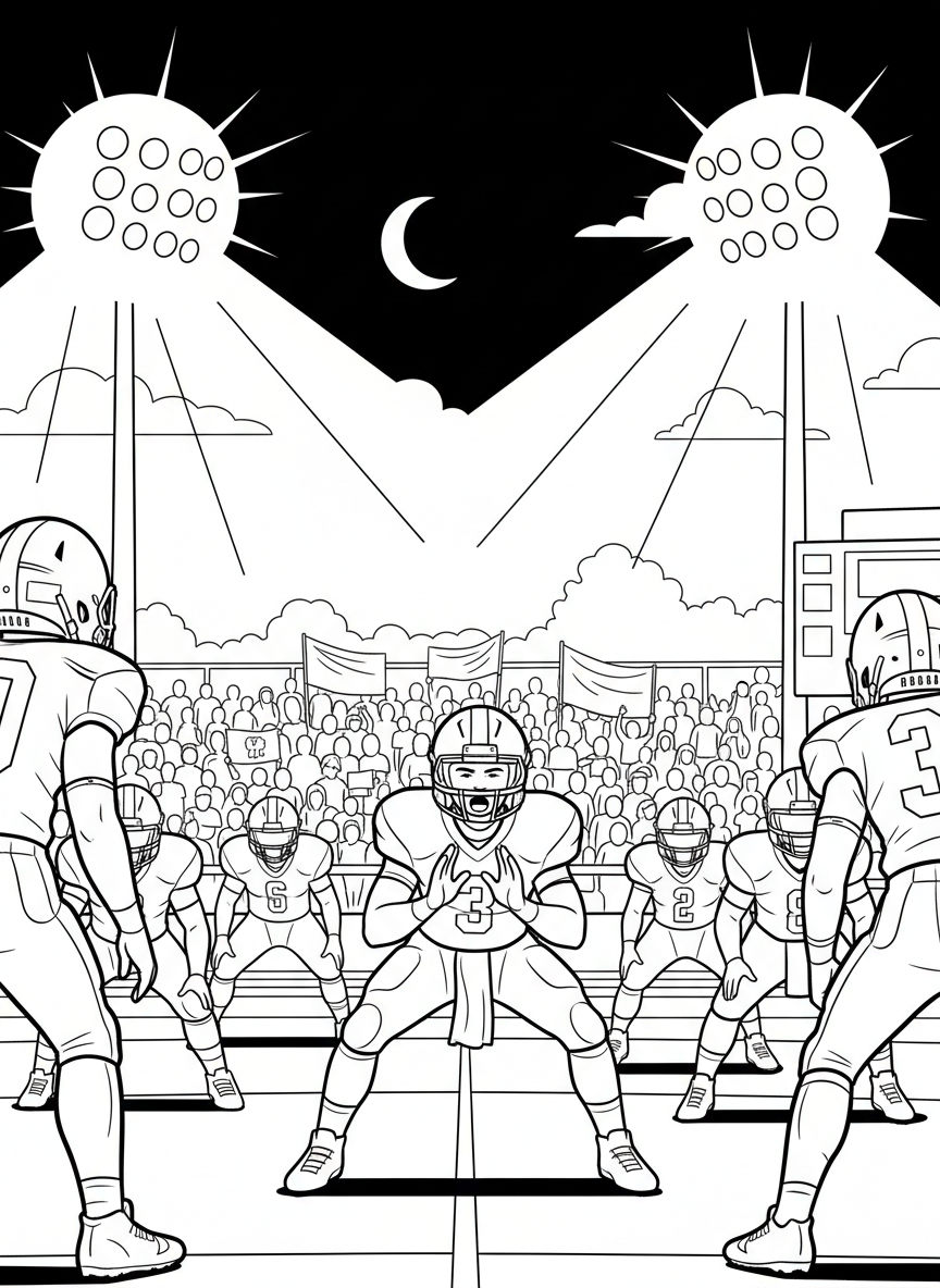 Friday Night Lights coloring page prompts capturing high school football atmosphere, community pride, and glowing stadium scenes.	A quarterback calling a play at the line of scrimmage, lights reflecting off helmets as tension fills the air.