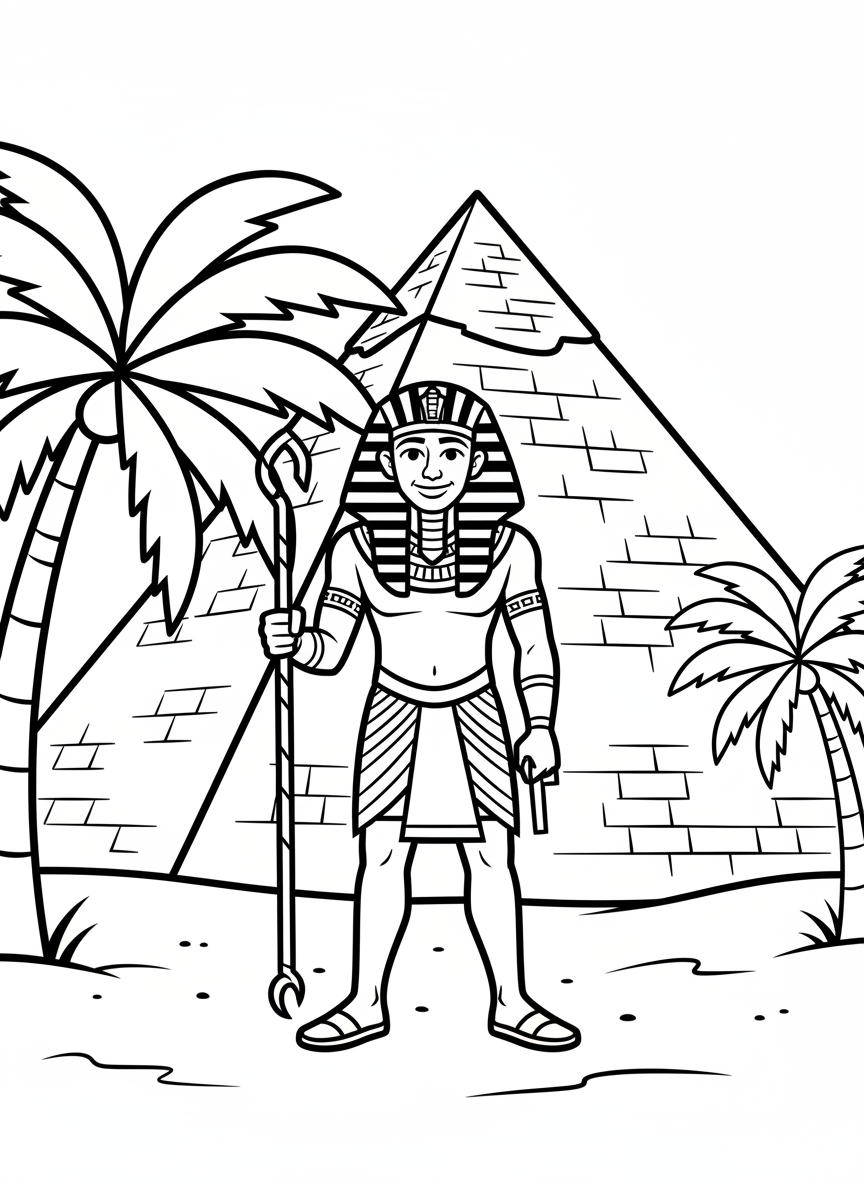 A friendly Egyptian pharaoh standing in front of the Great Pyramid of Giza, wearing a traditional headdress and holding a staff, with palm trees in the background.