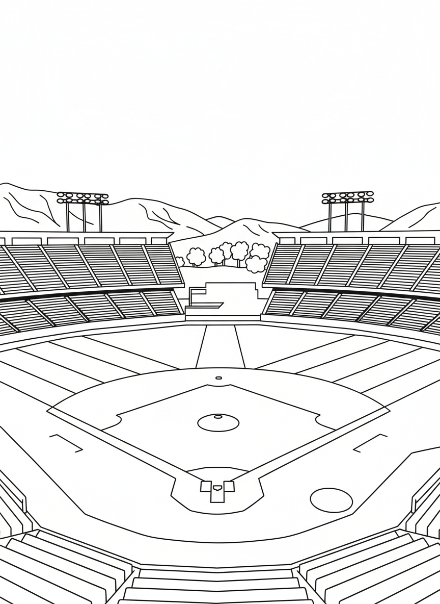 Dodger Stadium baseball field with empty seats, bases, and the pitcher's mound clearly visible