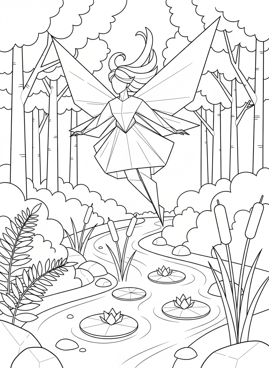 An origami fairy with triangular paper wings flying above a forest stream, with folded paper lily pads and cattails below