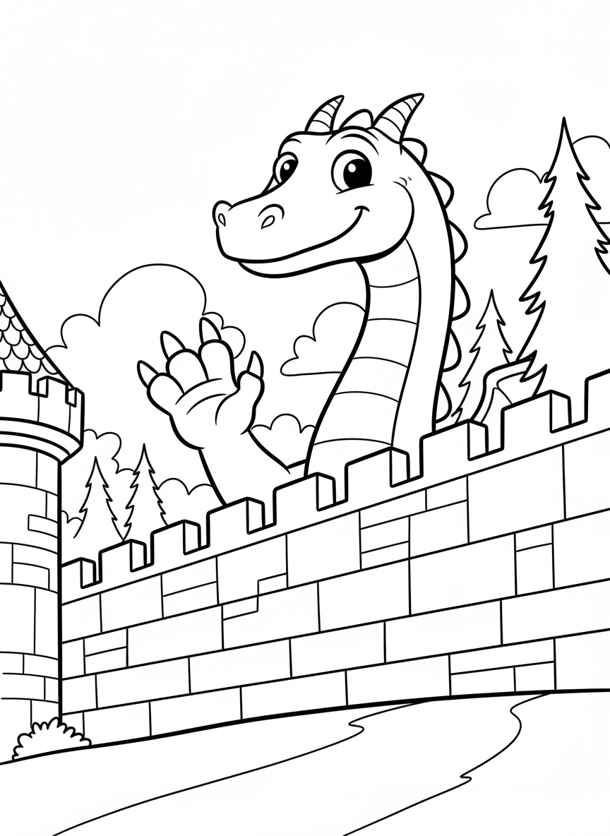 A dragon with a long neck peeking over a castle wall, waving one claw in a friendly greeting