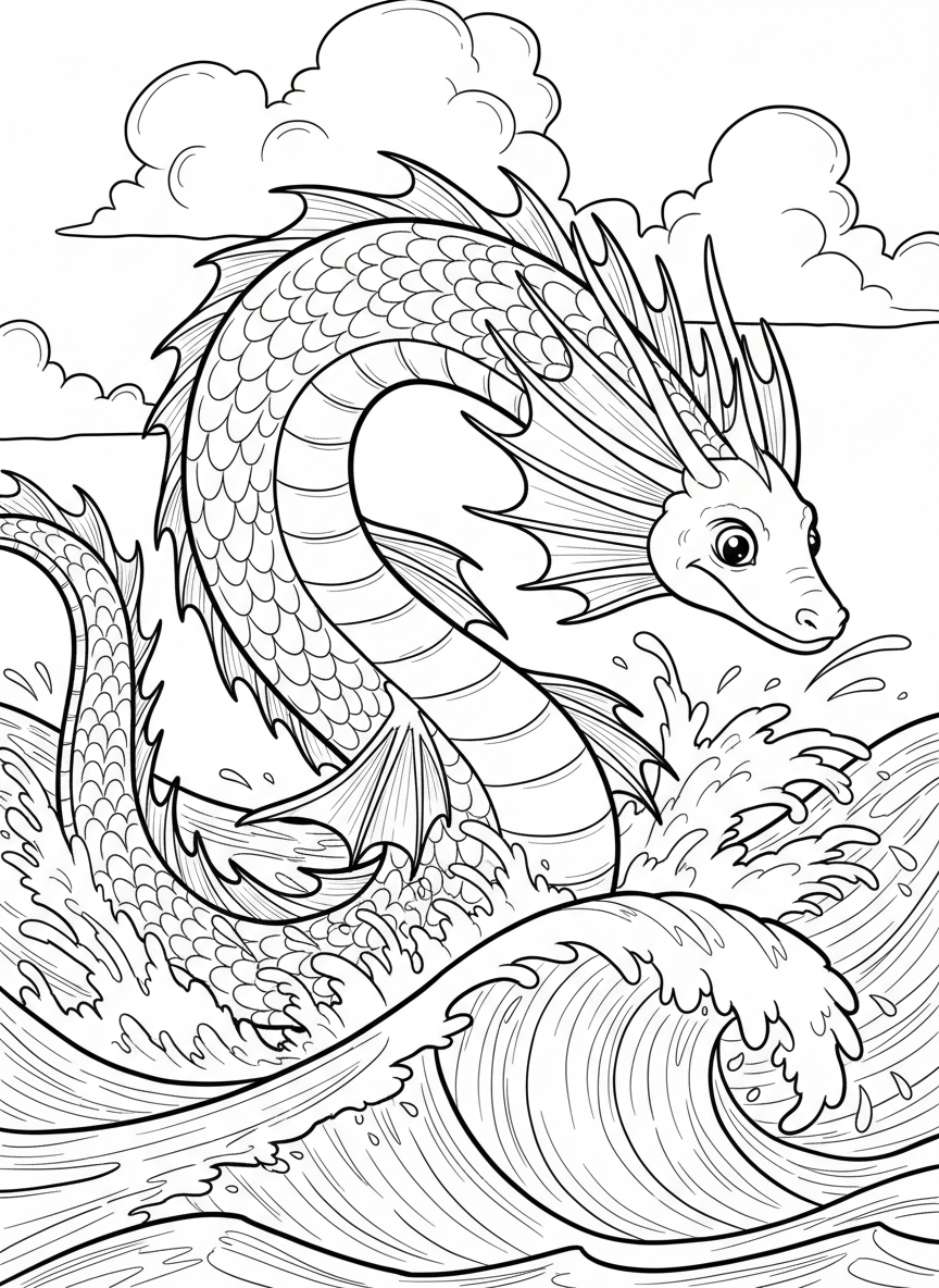 A sea serpent playfully swimming through ocean waves, its long body curving gracefully with scales and fins clearly visible.