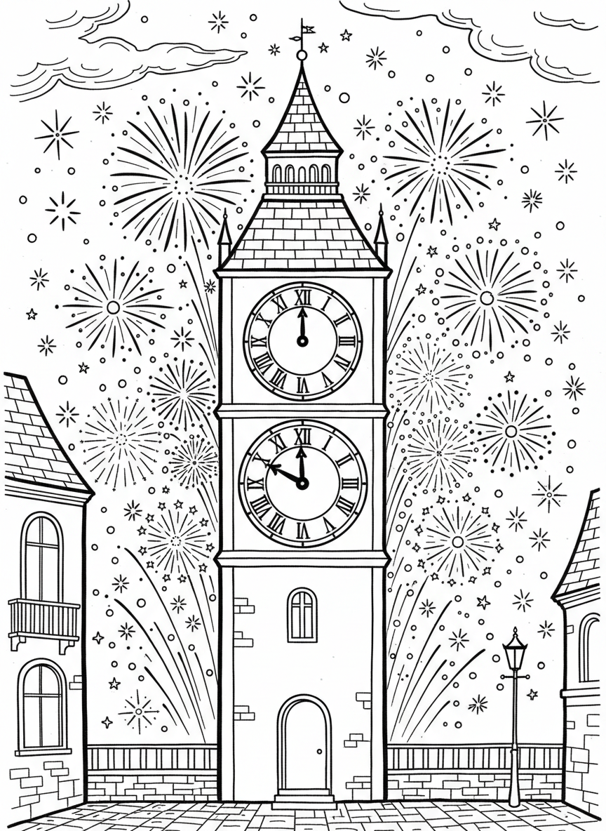 A large clock showing midnight with fireworks bursting in the sky above it, stars and sparkles filling the background