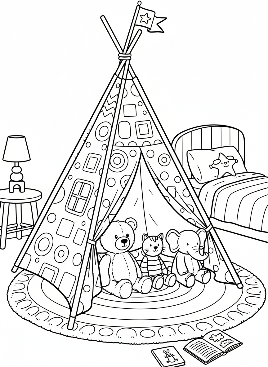 A whimsical teepee tent in a child's bedroom with patterned fabric, stuffed animals sitting inside, and a soft rug underneath
