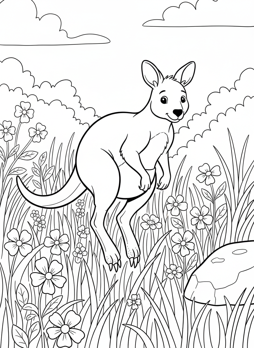 A wallaby hopping through tall grass with wildflowers, smaller than a kangaroo, friendly expression on its face.