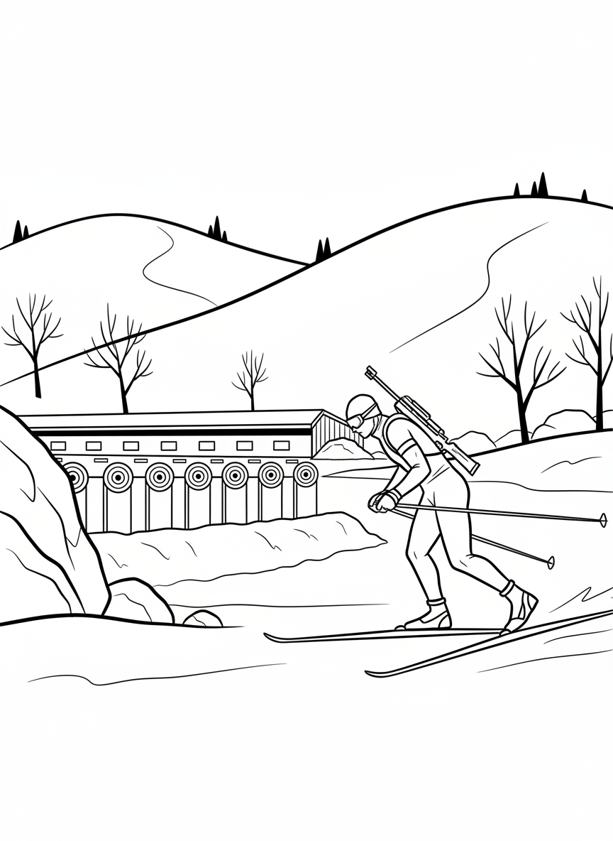 A biathlon athlete skiing with a rifle on their back, approaching a shooting range with target boards, surrounded by snowy hills.