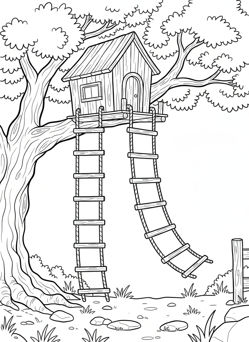 Two rope ladders side by side connecting ground level to a treehouse, one straight and one swaying.
