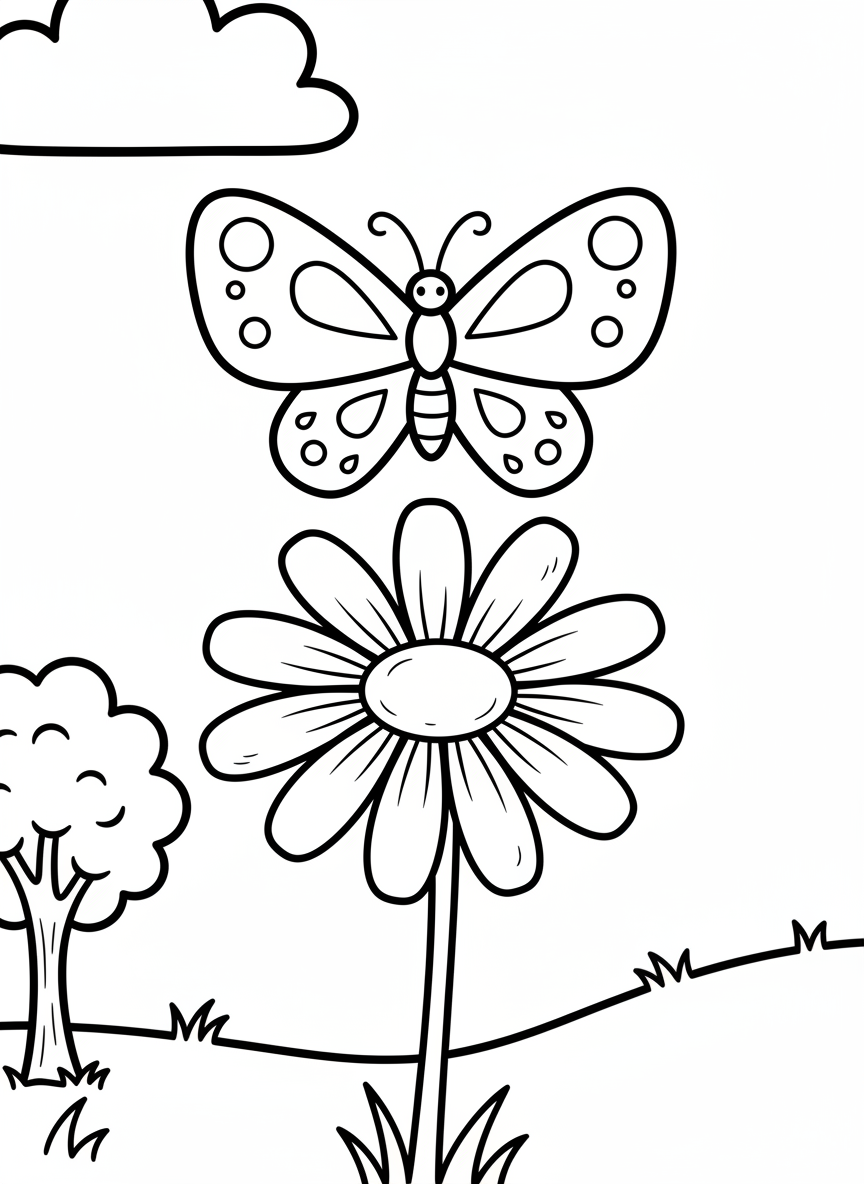 Simple butterfly with rounded wings hovering over a single large daisy, perfect for younger children with minimal details.