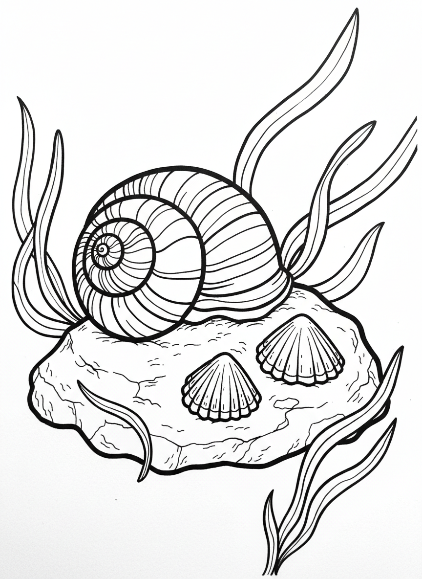 A turban snail and two limpets arranged on a rock with simple seaweed fronds in the background