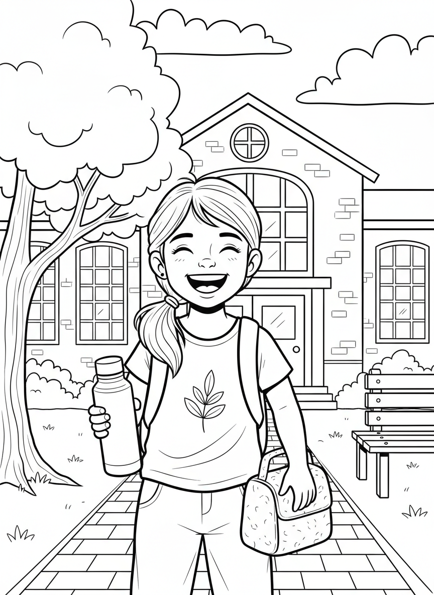A young girl holding a reusable water bottle and lunch box, standing near a school with a big smile, promoting waste reduction.