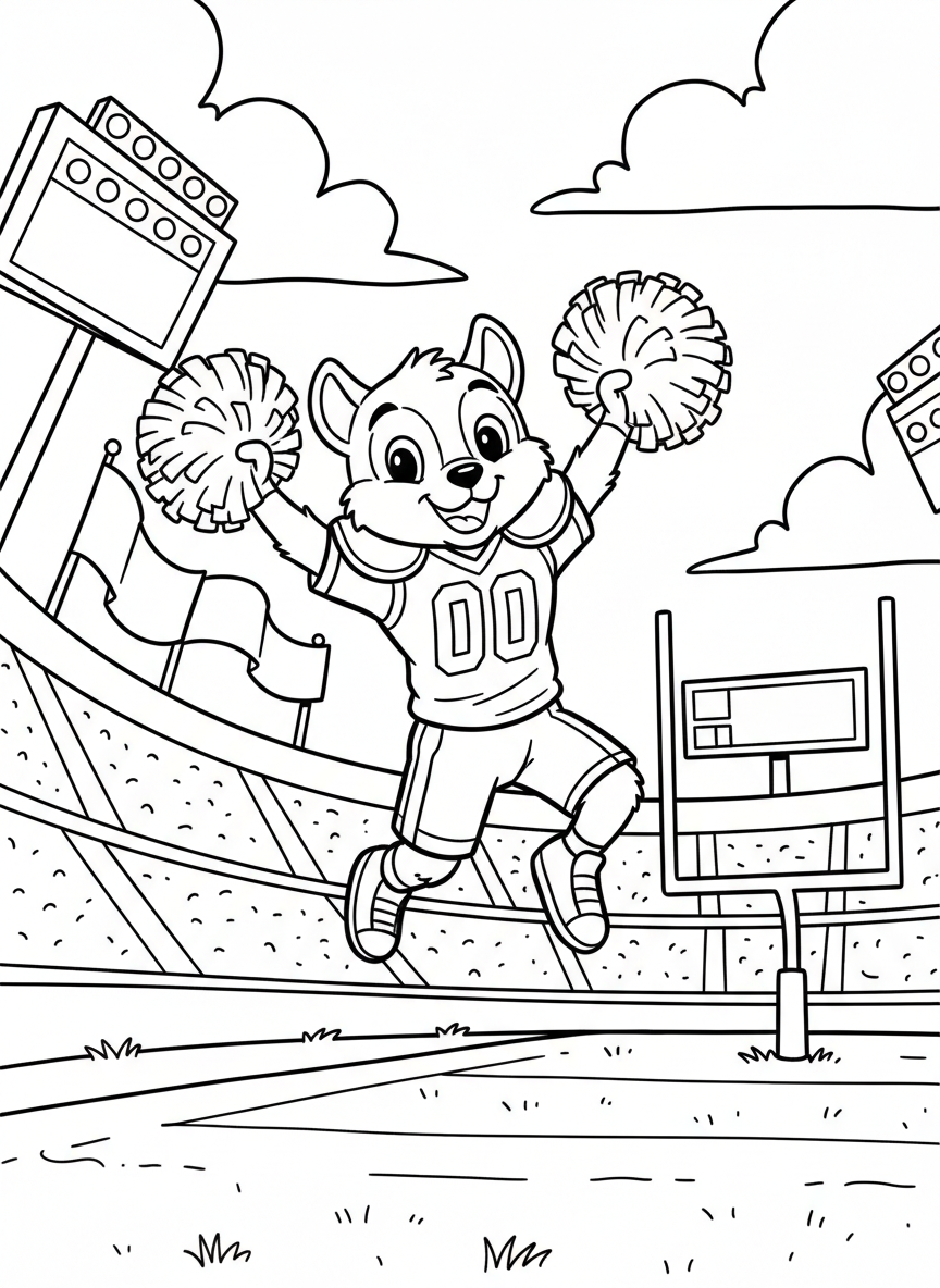 A cheerful football mascot wearing a team jersey and holding pom-poms, jumping in the air with excitement, simple line art for coloring