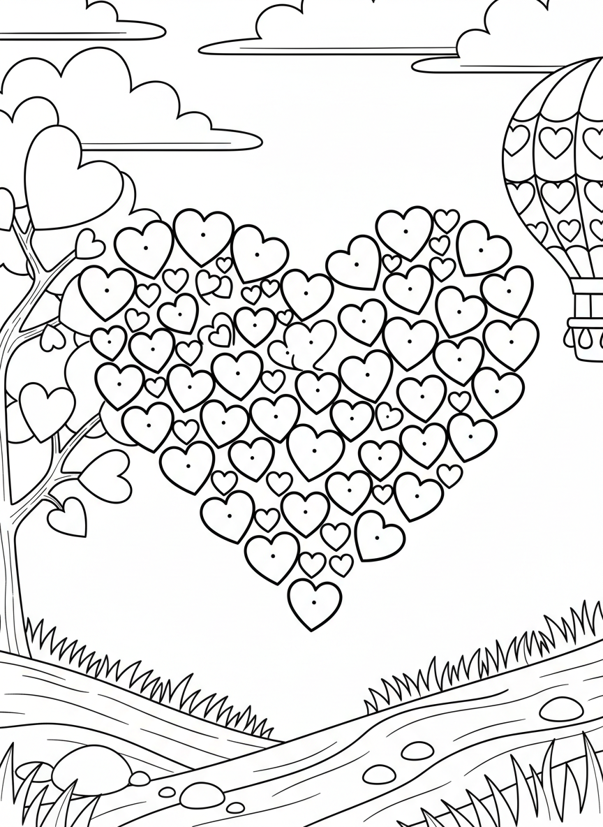 A collection of 100 small hearts arranged to form the shape of a larger heart, counting activity design