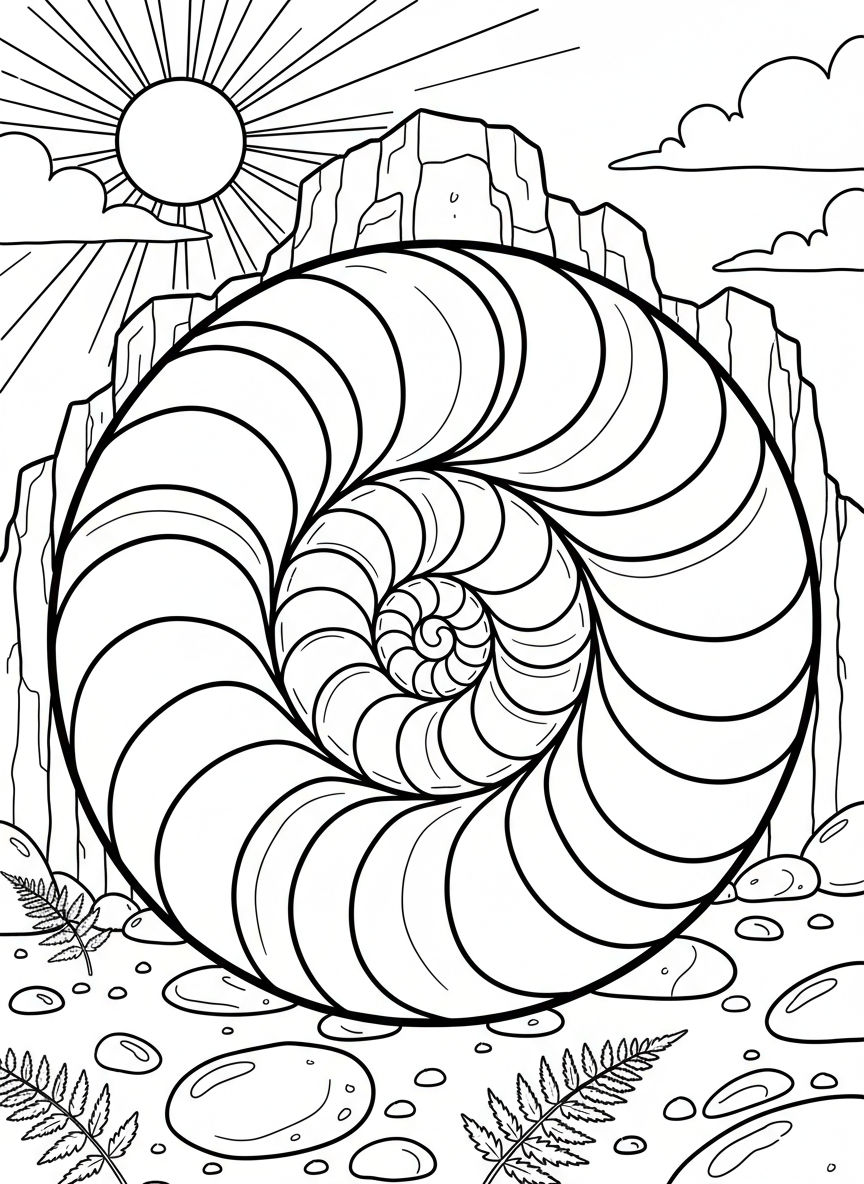 A spiral nautilus shell fossil split open to reveal the internal chamber structure, great for detailed coloring