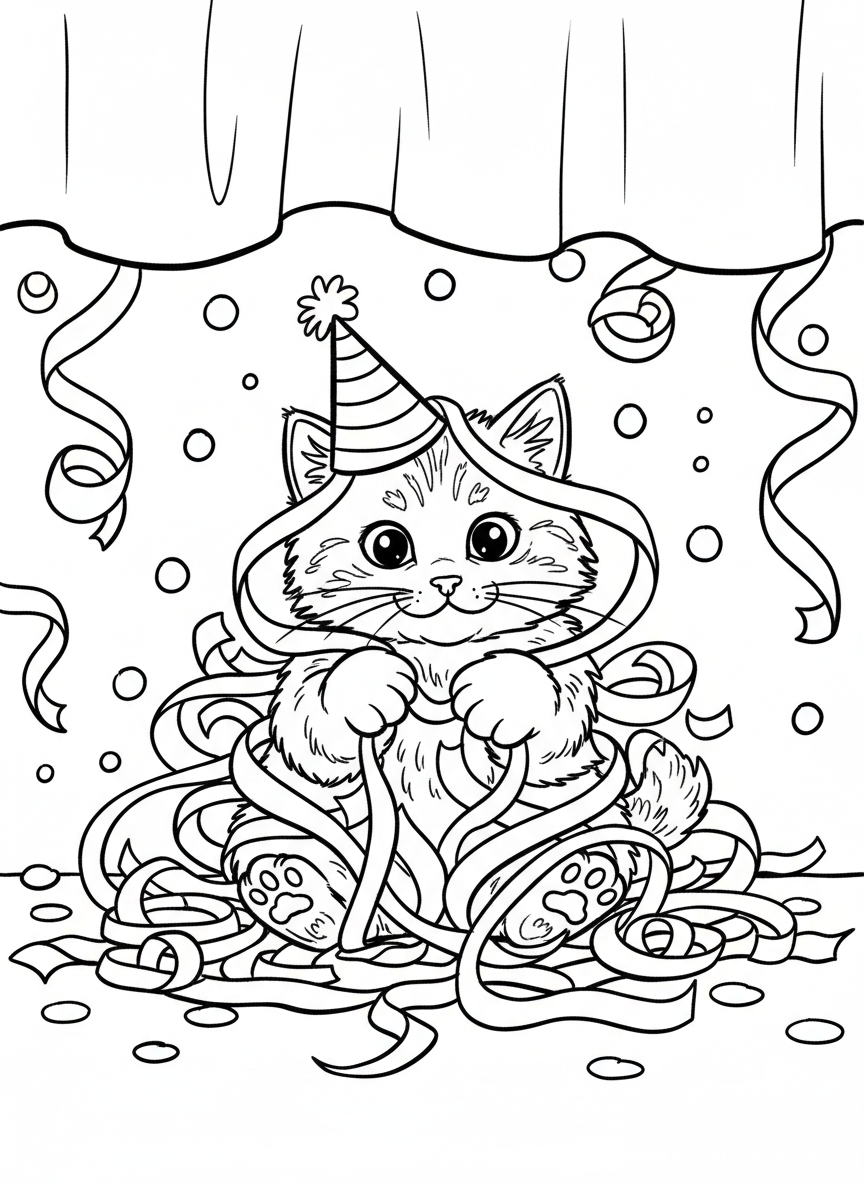 A cute kitten tangled in streamers and confetti, looking playful with a party hat tilted on its head