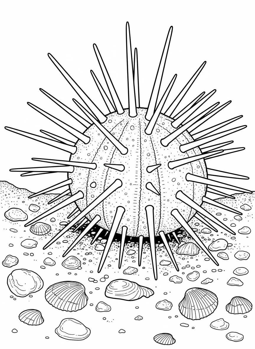 Close-up view of a single sea urchin with detailed spines, sitting on a bed of small shells and sand, intermediate difficulty level.