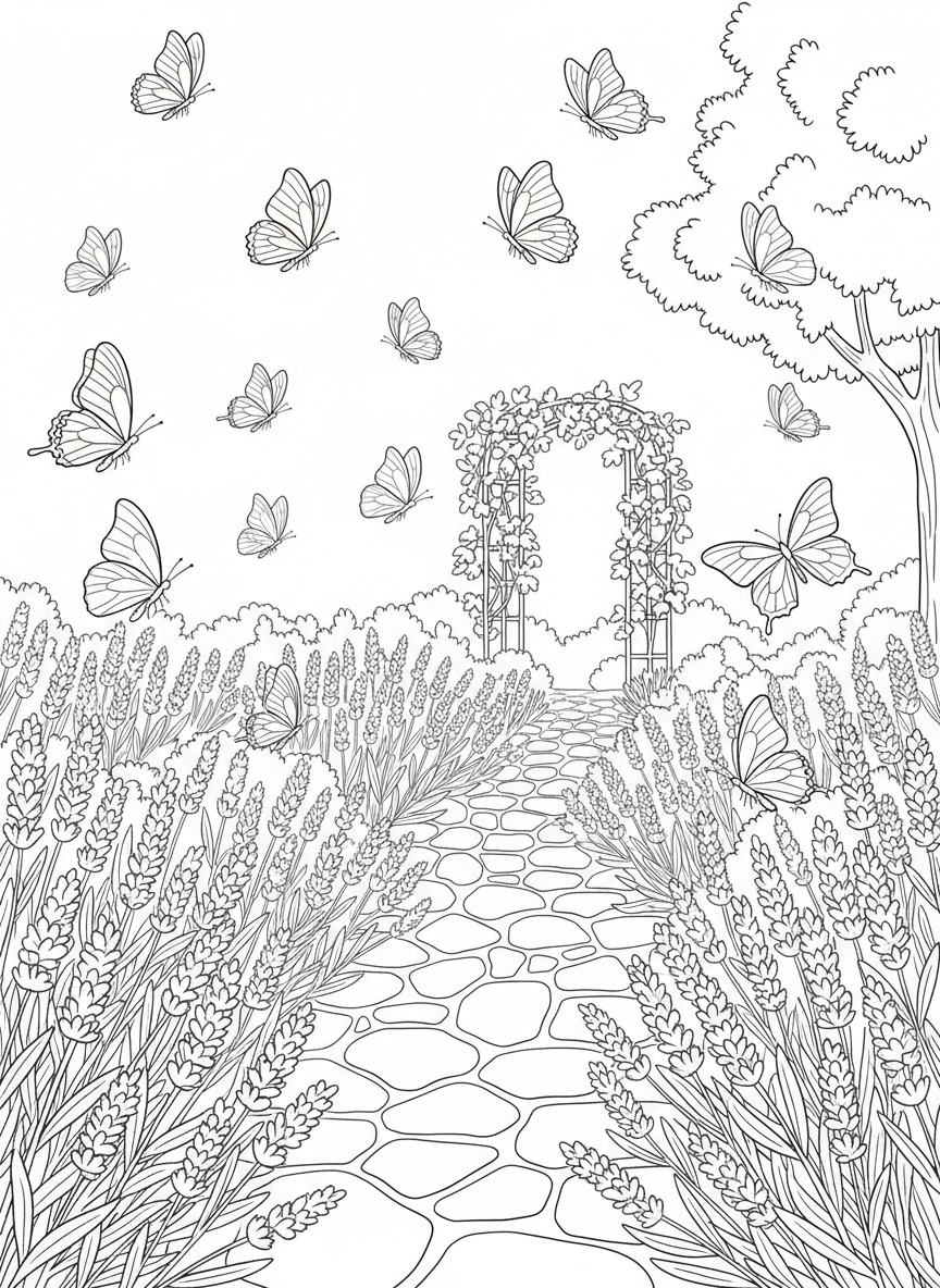 Garden pathway lined with lavender bushes and multiple butterflies of various species flying and resting on purple blooms.