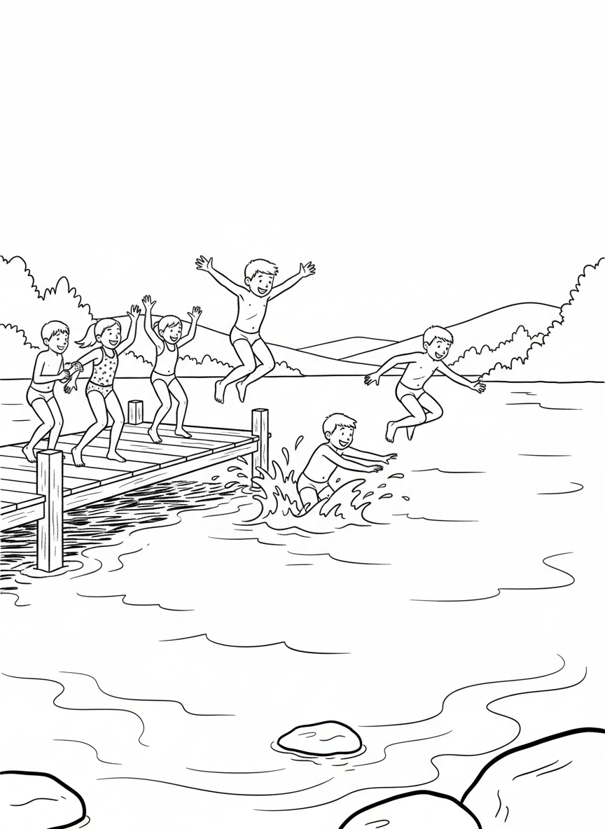 A swimming dock on a lake with children jumping off into the water, wearing swimsuits and having fun.