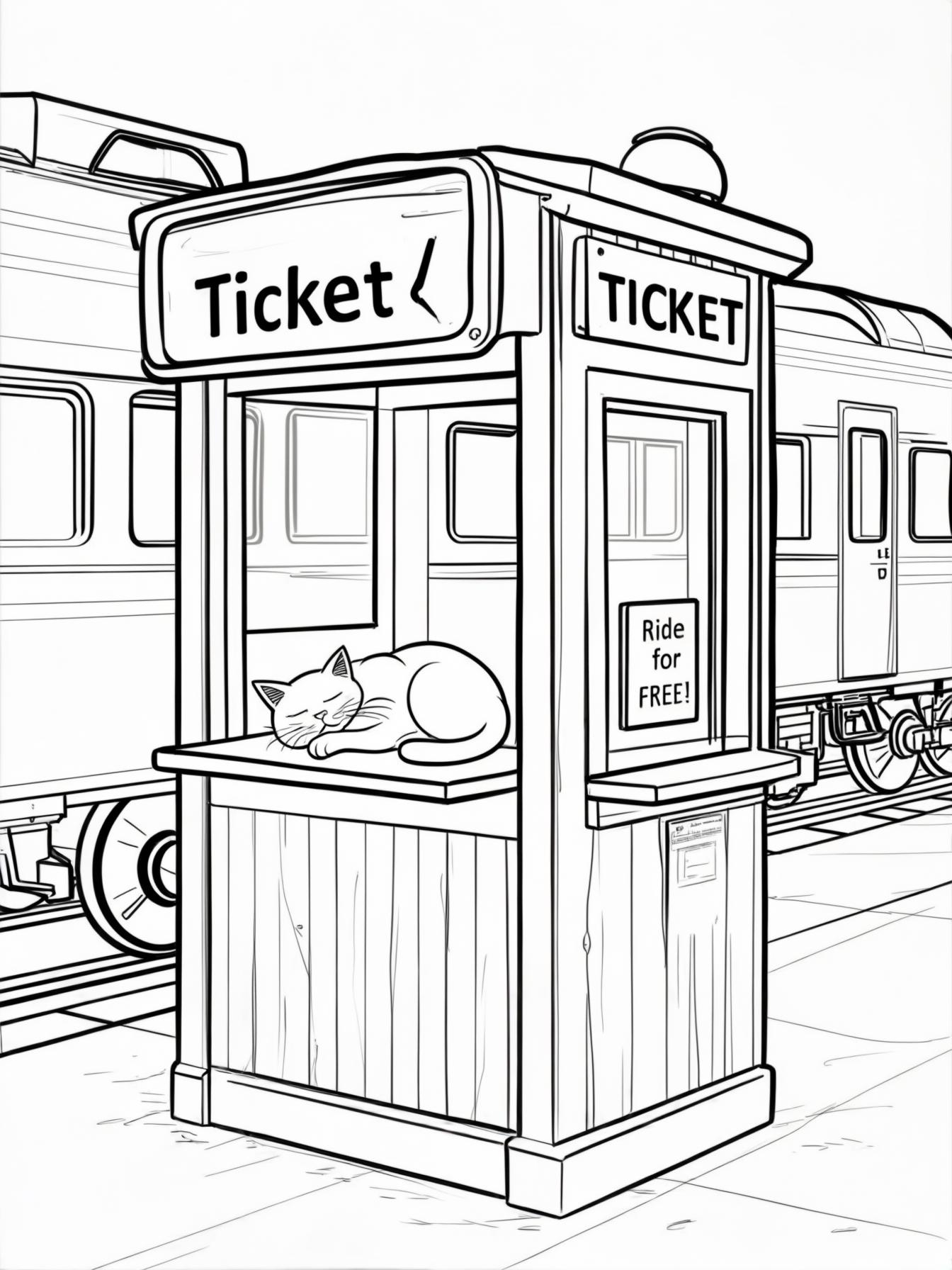 Ticket Booth: A whimsical ticket booth station with a cat sleeping on the counter and a sign that says "Ride for Free!" and a big train behind it, seen from its side