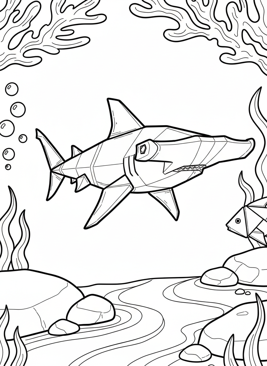 A detailed origami hammerhead shark with distinctive T-shaped head, sharp angular folds, and pointed fins, for older children