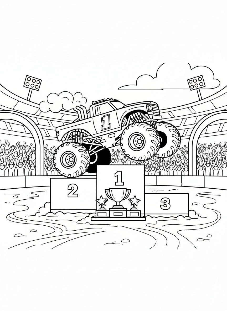 Monster truck with number one on the side celebrating victory on a podium with trophies