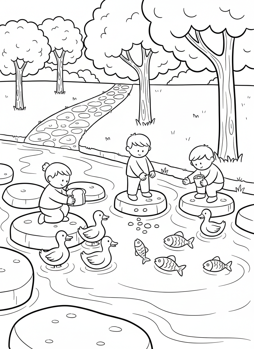 A simple scene of children feeding ducks and fish along the River Walk, with stepping stones and overhanging trees, easy difficulty level.