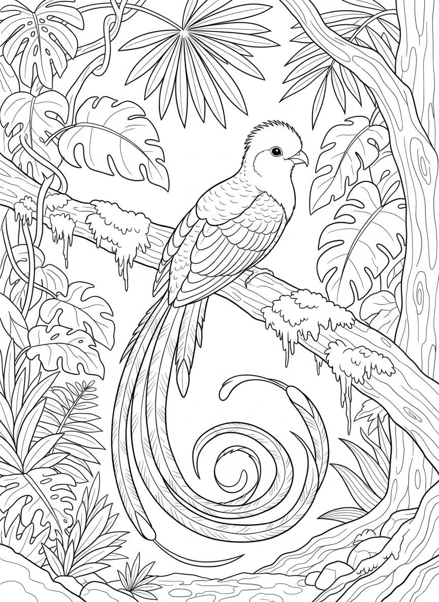 A quetzal bird with long flowing tail feathers perched gracefully on a mossy branch, rainforest plants surrounding it.